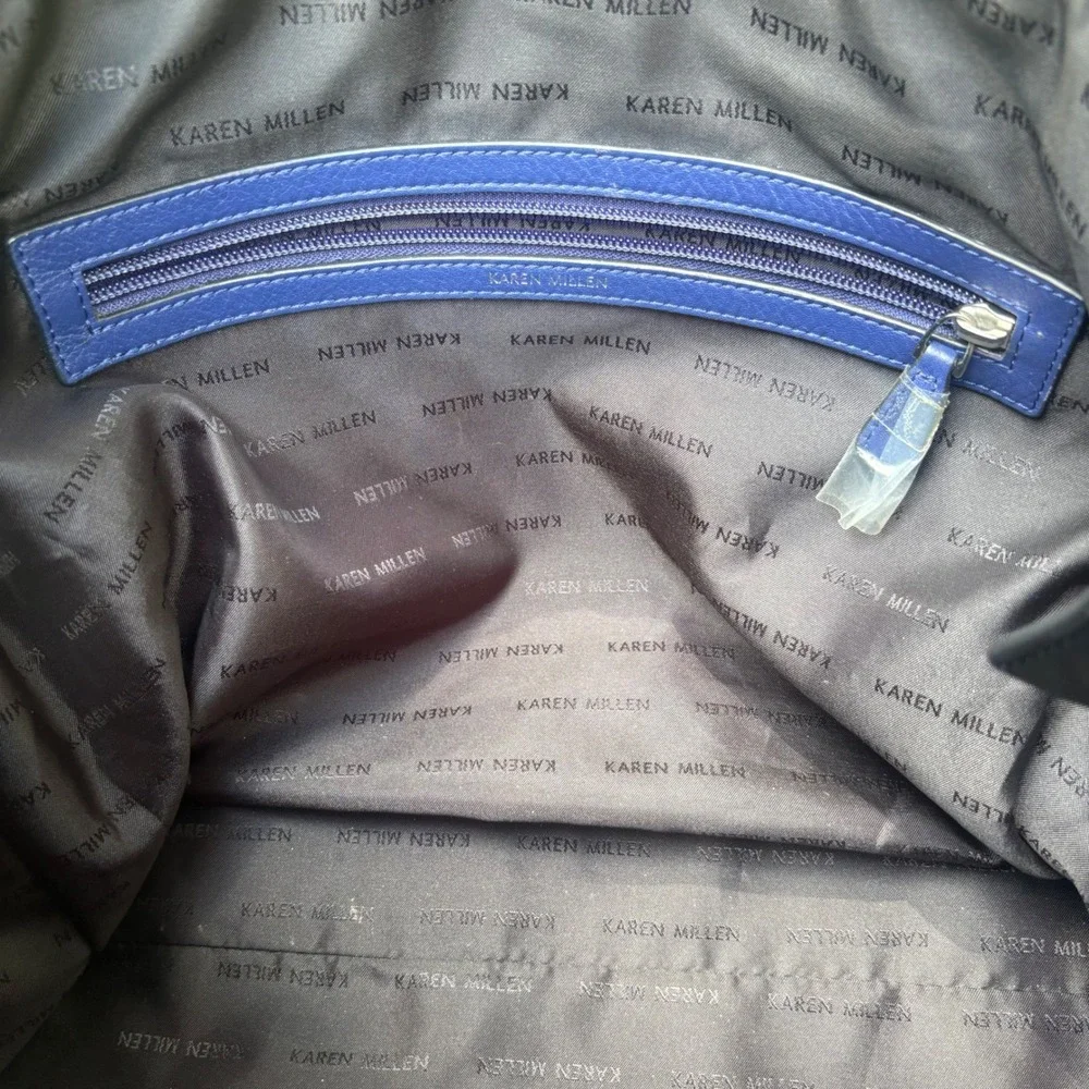 Karen Millen Satchel Bag OS Blue Black Leather Colorblock Tote Purse Quiet Luxuy